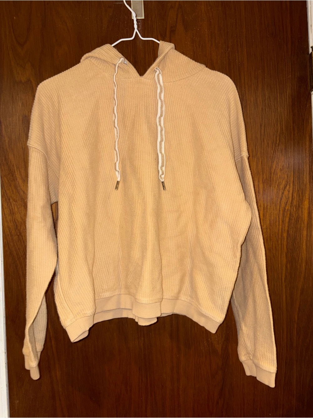 Neutral Beige Hooded Waffle Knit Pullover